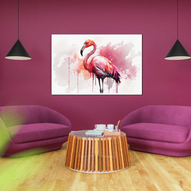 Pink Flamingo, watercolour paint effect. Canvas picture print.