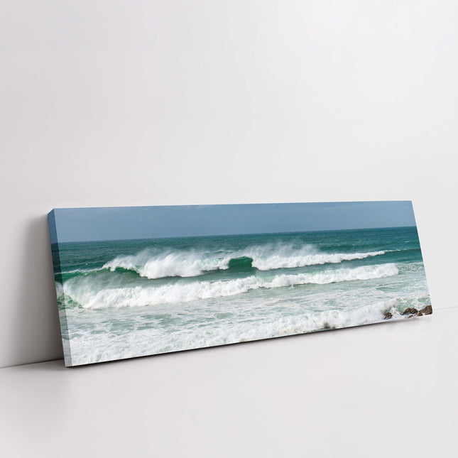 Surf waves on the Cornish coast. Panoramic Canvas picture print storm waves
