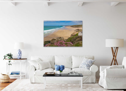 Perranporth beach, Cornwall. Canvas picture Print. Golden sandy beach, low tide