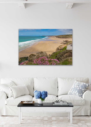 Perranporth beach, Cornwall. Canvas picture Print. Golden sandy beach, low tide