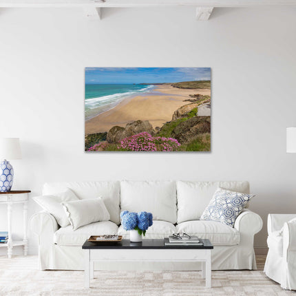 Perranporth beach, Cornwall. Canvas picture Print. Golden sandy beach, low tide