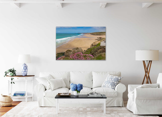 Perranporth beach, Cornwall. Canvas picture Print. Golden sandy beach, low tide