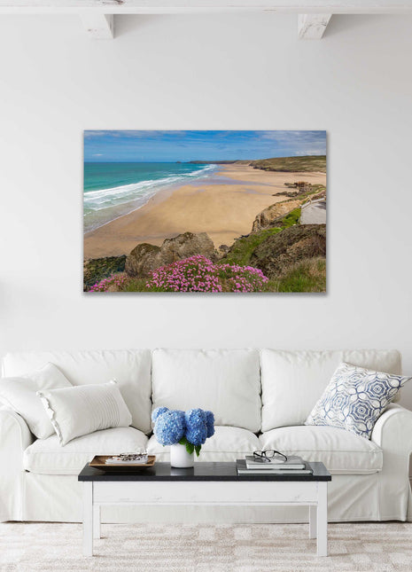 Perranporth beach, Cornwall. Canvas picture Print. Golden sandy beach, low tide
