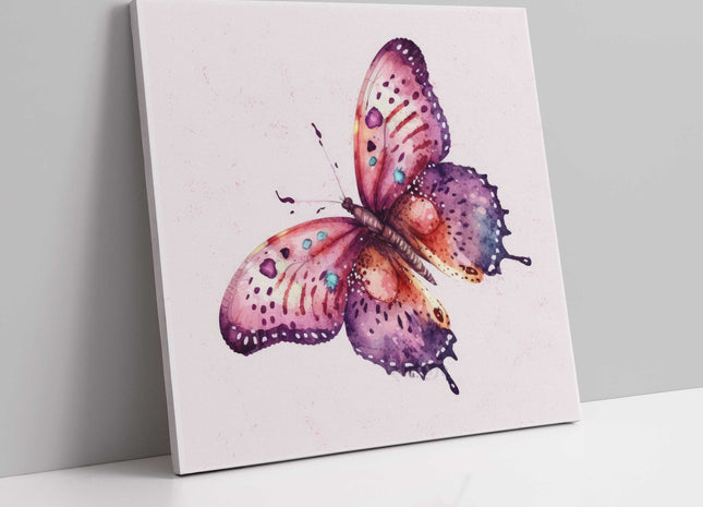 Butterfly painting, colourful canvas picture print. Pink background.