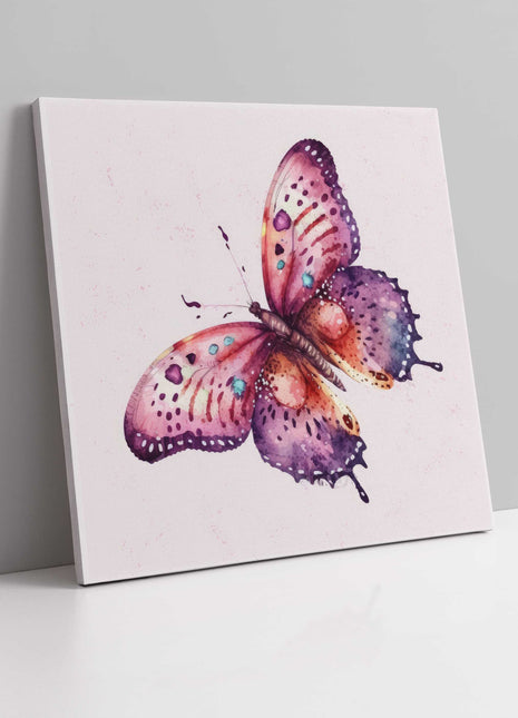 Butterfly painting, colourful canvas picture print. Pink background.