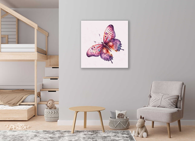 Butterfly painting, colourful canvas picture print. Pink background.