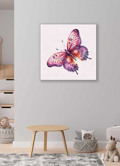 Butterfly painting, colourful canvas picture print. Pink background.