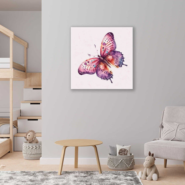 Butterfly painting, colourful canvas picture print. Pink background.