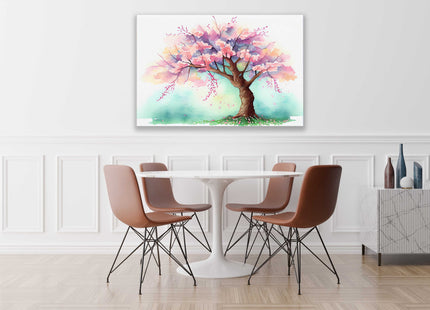 Pink Spring blossom tree watercolour picture, canvas picture print