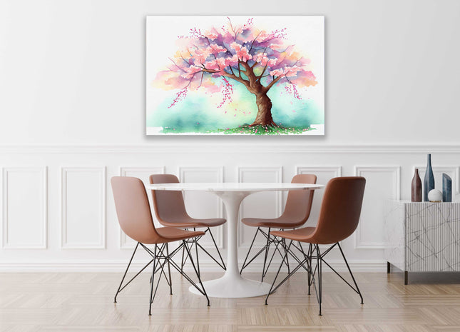 Pink Spring blossom tree watercolour picture, canvas picture print