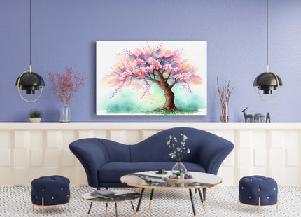 Pink Spring blossom tree watercolour picture, canvas picture print
