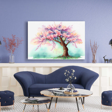 Pink Spring blossom tree watercolour picture, canvas picture print
