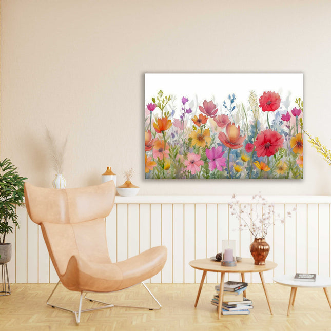 Wild flowers colourful watercolour painting, printed canvas picture print.