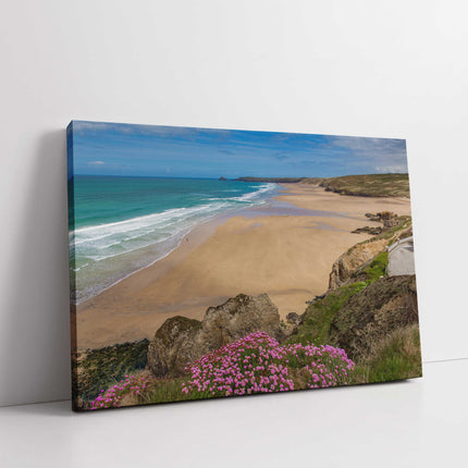 Perranporth beach, Cornwall. Canvas picture Print. Golden sandy beach, low tide