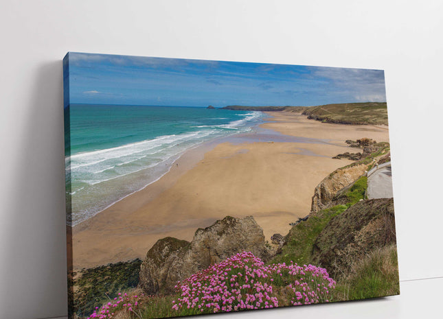Perranporth beach, Cornwall. Canvas picture Print. Golden sandy beach, low tide