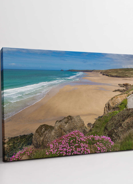 Perranporth beach, Cornwall. Canvas picture Print. Golden sandy beach, low tide