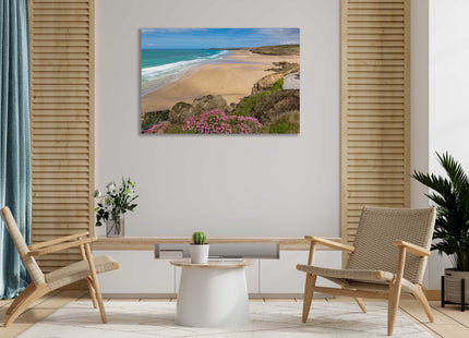 Perranporth beach, Cornwall. Canvas picture Print. Golden sandy beach, low tide