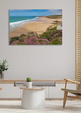 Perranporth beach, Cornwall. Canvas picture Print. Golden sandy beach, low tide