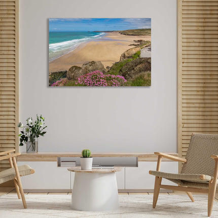 Perranporth beach, Cornwall. Canvas picture Print. Golden sandy beach, low tide
