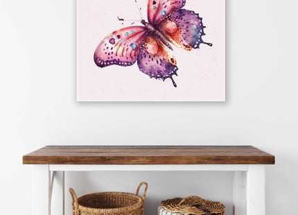 Butterfly painting, colourful canvas picture print. Pink background.