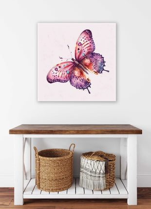 Butterfly painting, colourful canvas picture print. Pink background.