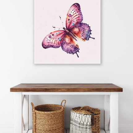 Butterfly painting, colourful canvas picture print. Pink background.