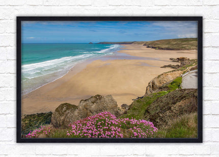 Perranporth beach, Cornwall. Framed picture with a choice of frame colours.