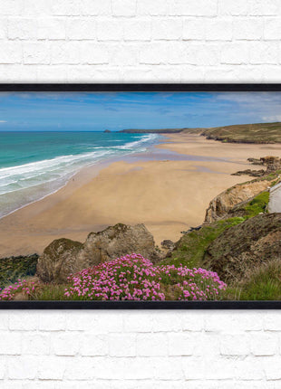 Perranporth beach, Cornwall. Framed picture with a choice of frame colours.