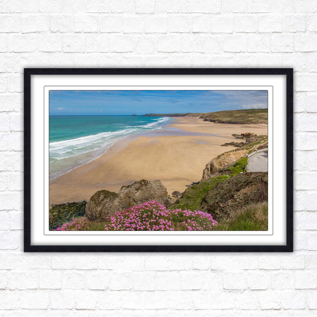 Perranporth beach, Cornwall. Framed picture with a choice of frame colours.