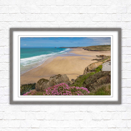 Perranporth beach, Cornwall. Framed picture with a choice of frame colours.