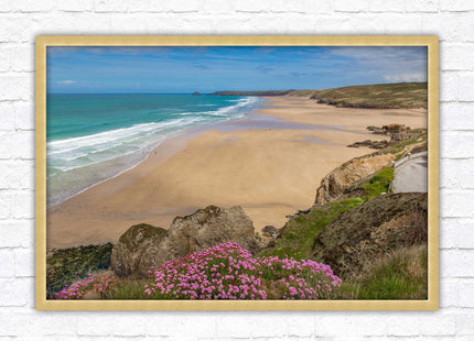 Perranporth beach, Cornwall. Framed picture with a choice of frame colours.