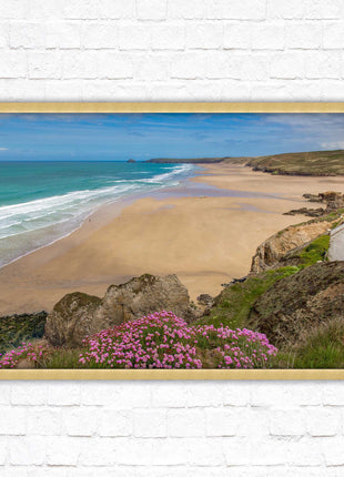 Perranporth beach, Cornwall. Framed picture with a choice of frame colours.