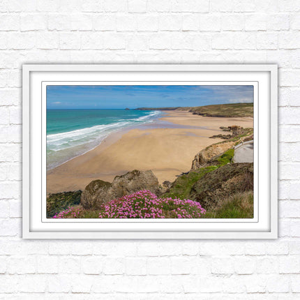 Perranporth beach, Cornwall. Framed picture with a choice of frame colours.