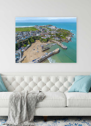 Newquay Harbour and coastline from the air stunning vibrant canvas picture print