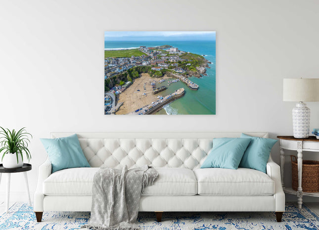 Newquay Harbour and coastline from the air stunning vibrant canvas picture print