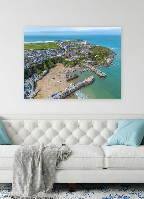 Newquay Harbour and coastline from the air stunning vibrant canvas picture print