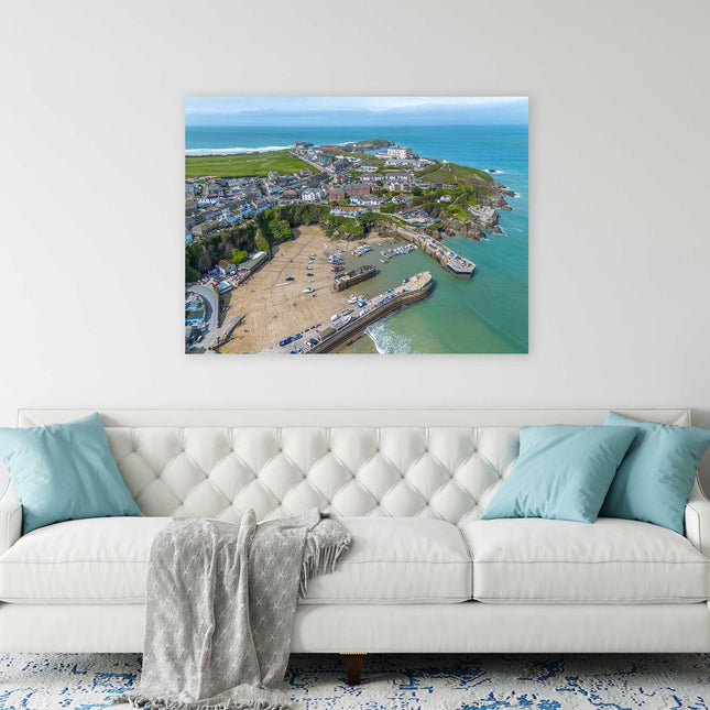 Newquay Harbour and coastline from the air stunning vibrant canvas picture print