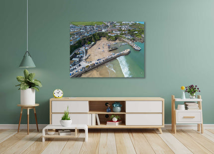 Newquay Harbour and coastline aerial view. Cornwall. Framed Canvas Print