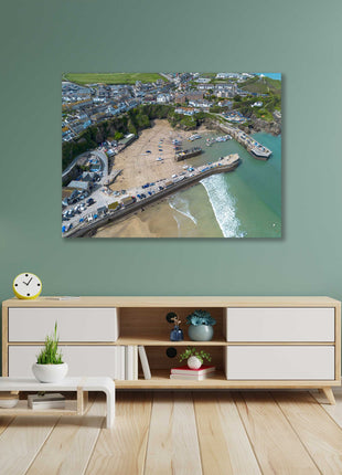 Newquay Harbour and coastline aerial view. Cornwall. Framed Canvas Print