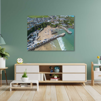 Newquay Harbour and coastline aerial view. Cornwall. Framed Canvas Print