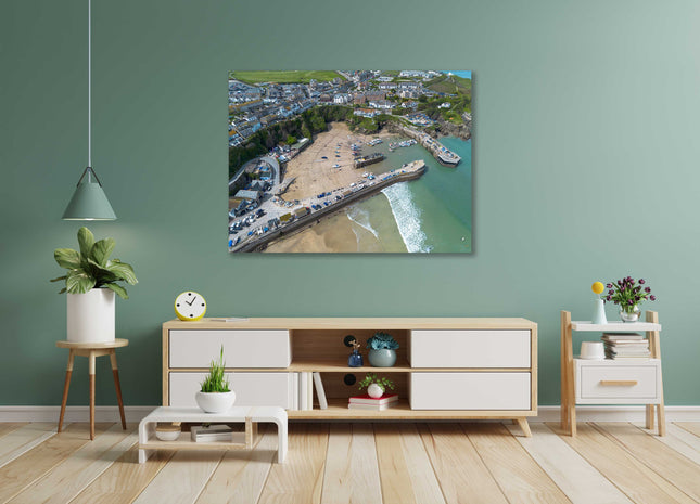 Newquay Harbour and coastline aerial view. Cornwall. Framed Canvas Print