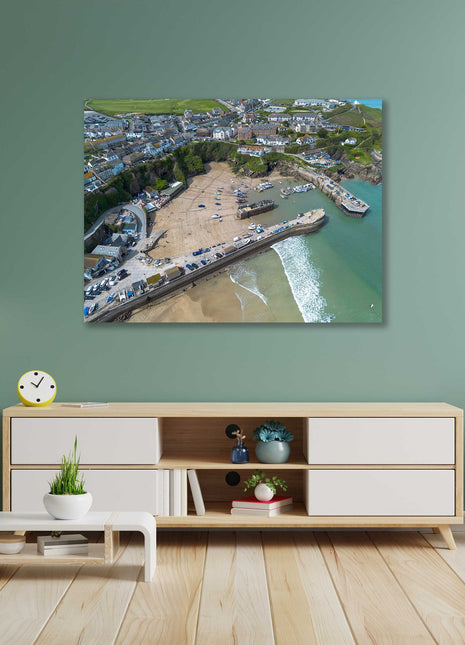 Newquay Harbour and coastline aerial view. Cornwall. Framed Canvas Print