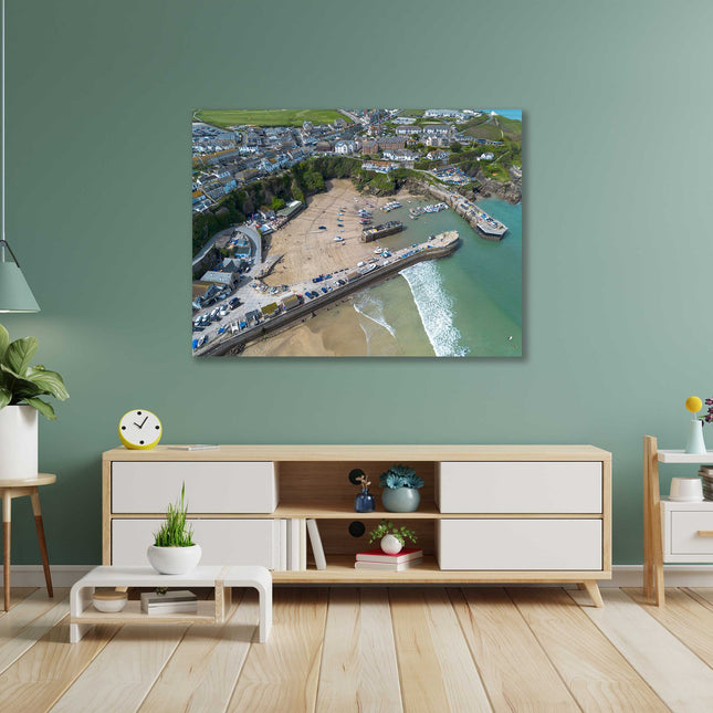 Newquay Harbour and coastline aerial view. Cornwall. Framed Canvas Print