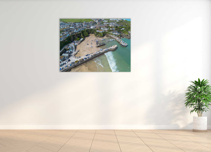 Newquay Harbour and coastline aerial view. Cornwall. Framed Canvas Print