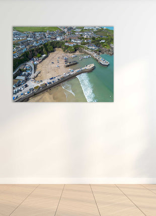 Newquay Harbour and coastline aerial view. Cornwall. Framed Canvas Print