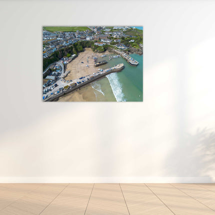 Newquay Harbour and coastline aerial view. Cornwall. Framed Canvas Print