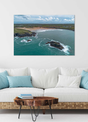 Crantock beach aerial view, Cornwall. Canvas Print each seascape.