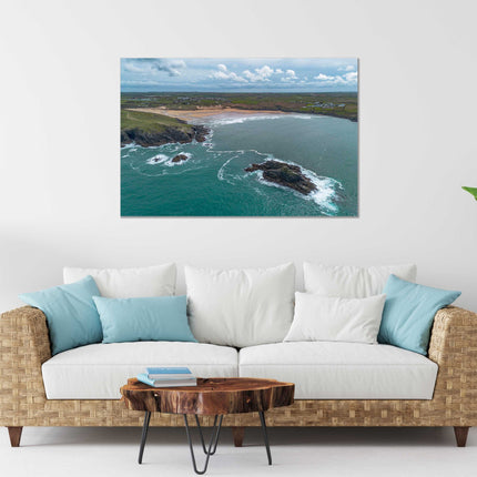 Crantock beach aerial view, Cornwall. Canvas Print each seascape.