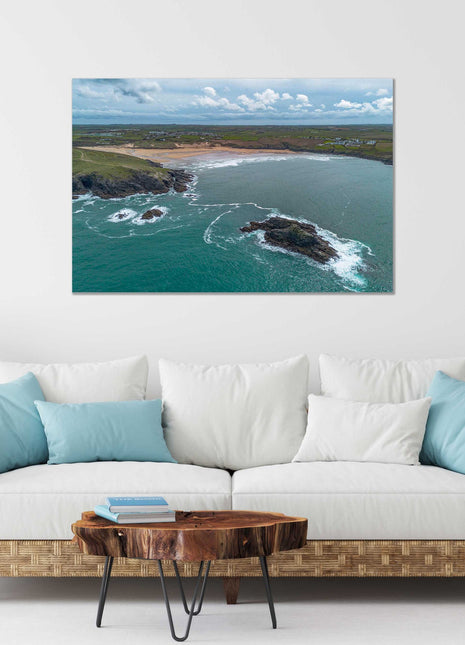 Crantock beach aerial view, Cornwall. Canvas Print each seascape.