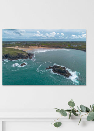 Crantock beach aerial view, Cornwall. Canvas Print each seascape.